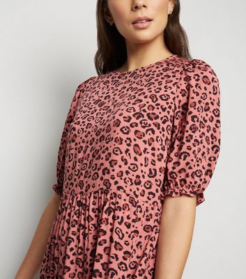 Pink Leopard Print Puff Sleeve Tiered ...